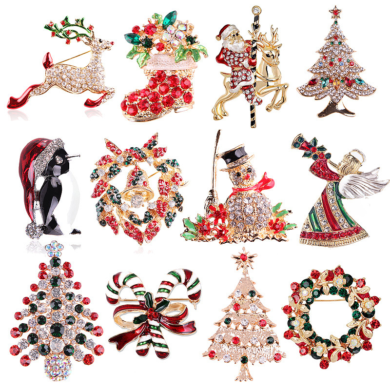 Vintage Collectible Santa - مجموعة دبابيس الكريسماس الكلاسيكية المرصعة بالأحجار